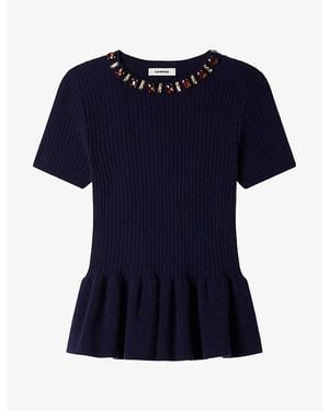 Sandro Embellished-Trim Peplum-Hem Wool-Blend Sweater - Blue