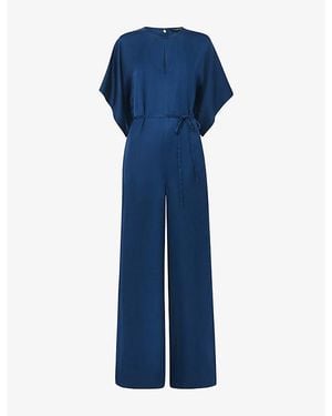 Whistles Belted-Waist Short-Sleeve Satin Jumpsuit - Blue