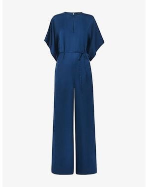 Whistles Belted-Waist Short-Sleeve Satin Jumpsuit - Blue