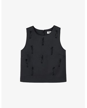 Ro&zo Sleeveless Bead-Embroidered Woven Shell Top - Black