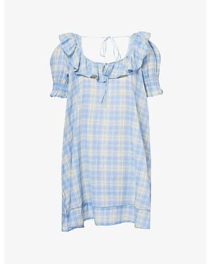 Damson Madder Harlow Puff-Sleeve Cotton Mini Dress - Blue