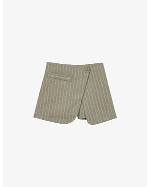 Maje Wrap-Front Pinstriped Linen-Blend Shorts - Green