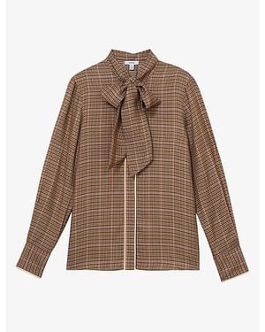 Reiss Minnie Check Tie-Neck Woven Blouse - Brown