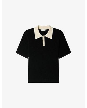 Sandro Contrast-Collar Stretch-Knit Polo Shirt - Black