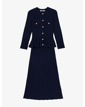 Maje Button-Embellished Peplum-Waist Knitted Midi Dress - Blue