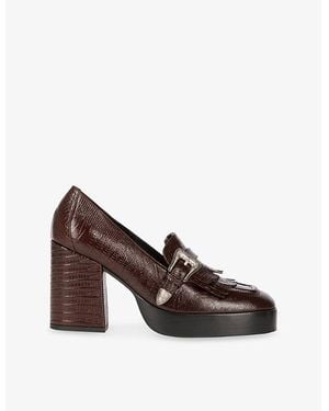 The Kooples Buckle-Embellished Lizard-Embossed Leather Block-Heel Loafers - Brown