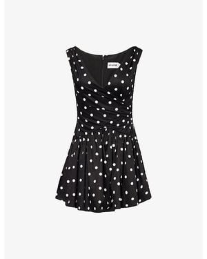 Self-Portrait Polka Dot V-Neck Cotton-Blend Mini Dress - Black