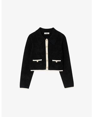 Sandro Collared Two-Tone Stretch-Knit Cardigan - Black