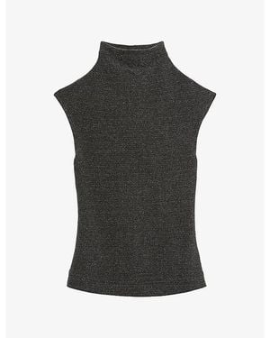 Reiss Seranne Funnel-Neck Metallic-Woven Top - Black
