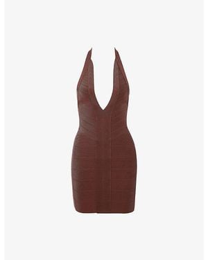 House Of Cb The Plunge Halter-Neck Stretch-Woven Mini Dress - Brown