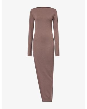 Rick Owens Long-Sleeve Slit Wool Maxi Dress - Brown