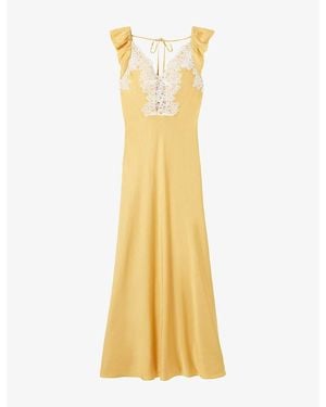 Claudie Pierlot Ruffle-Sleeved Lace-Trim Satin Maxi Dress - Yellow