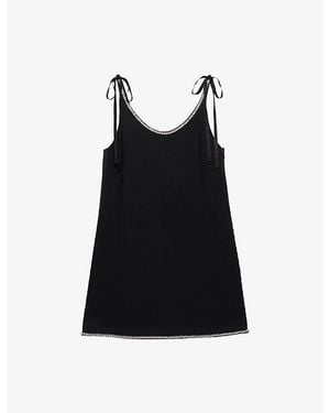 Prada Crystal-Embellished Scoop-Neck Woven Mini Dress - Black