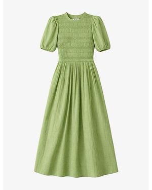 Ro&zo Shirred-Bodice Puff-Sleeve Cotton-Blend Midi Dress - Green