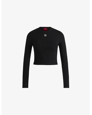 HUGO Logo-Embroidered Long-Sleeve Stretch Cotton-Blend Top - Black