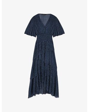 Maje V-Neck Ruffled Woven Maxi Dress - Blue