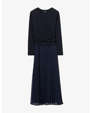 Claudie Pierlot Long-Sleeved Pleated Cotton And Woven Maxi Dress - Blue
