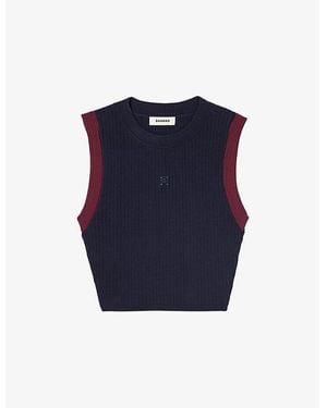 Sandro Contrast-Trim Cropped Stretch-Knit Top - Blue
