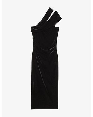 Reiss Dalia One-Shoulder Slim-Fit Stretch-Velvet Midi Dress - Black