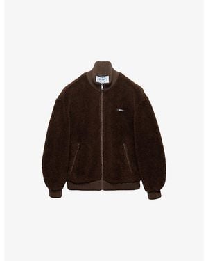 Prada Funnel-Neck Embroidered Logo-Patch Wool Blend Fleece Jacket - Brown