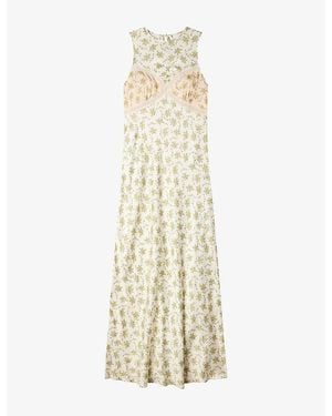 Sandro Floral-Print Round-Neck Satin Maxi Dress - Metallic