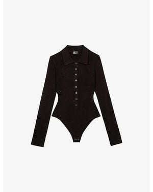 The Kooples Polo-Collar Ribbed Knit Bodysuit - Black