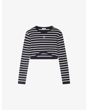 Sandro Striped Cropped Cotton-Jersey T-Shirt - Black