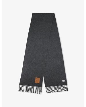 Ganni Fringed Brand-Patch Wool Scarf - Grey