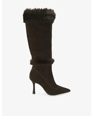 Carvela Kurt Geiger Leoni Faux-Fur Trim Suede Heeled Knee-High Boots - Black