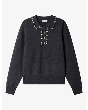 Sandro Rhinestone-Embellished Polo-Collar Wool-Blend Sweater - Blue