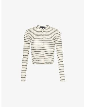 Theory Stripped Cropped Linen-Blend Knitted Cardigan - White