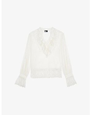 The Kooples V-Neck Ruffle-Trim Cotton Top - White