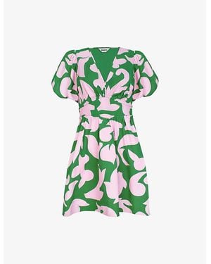Ro&zo Abstract-Pattern Puff-Sleeved Cotton Mini Dress - Green