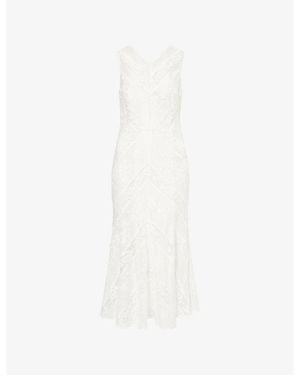 Self-Portrait Lace-Insert Floral-Embroidered Ramie Midi Dress - White