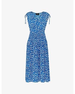 Whistles Abstract-Print Shirred-Panel Woven Midi Dress - Blue