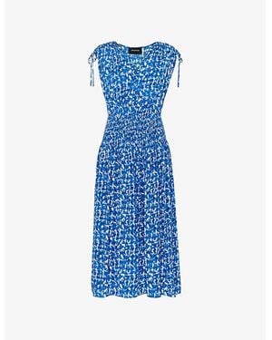 Whistles Brushed-Stroke Shirred-Panel Woven Midi Dress - Blue
