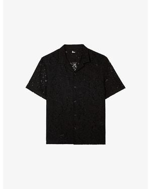 The Kooples Short-Sleeved Notch-Collar Lace Shirt - Black