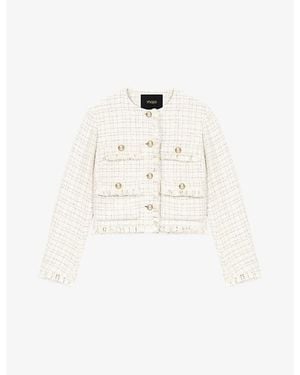 Maje Frayed-Trim Cropped Tweed Jacket - White