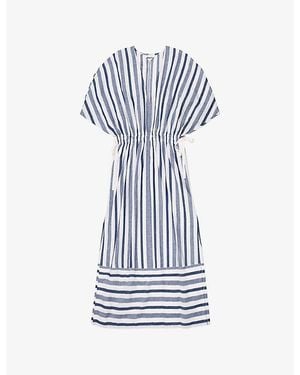 Ro&zo Striped V-Neck Linen-Cotton Midi Dress - Blue