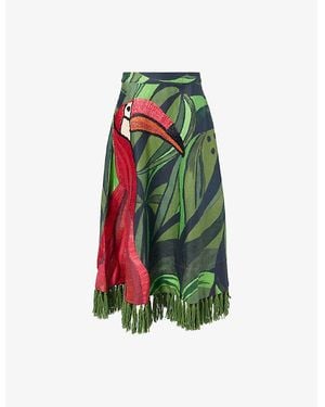 FARM Rio Embroidered Linen Midi Skirt - Green