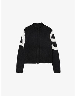 AllSaints Sylvie Logo-Print Zip-Up Stretch Alpaca-Blend Cardigan - Black
