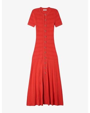 Sandro Short-Sleeved Button-Up Knitted Maxi Dress - Red
