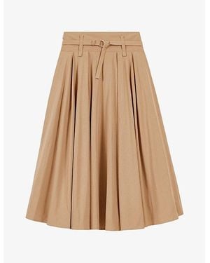 Maje Belted-Waist High-Rise Cotton-Blend Midi Skirt - Natural