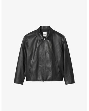 Sandro Pointed-Collar Zip-Up Leather Jacket - Black