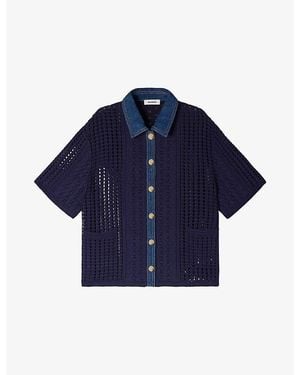 Sandro Short-Sleeved Denim-Trim Crochet Cardigan - Blue