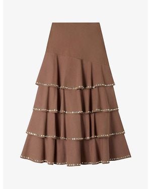 Sandro Ruffled Rhinestone-Embellished Cotton Maxi Skirt - Brown
