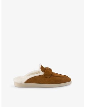 Prada Brand-Plaque Suede And Shearling Mules - Brown