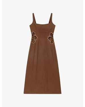 Maje Square-Neck Cut-Out Linen Maxi Dress - Brown