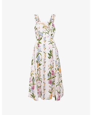 Phase Eight Lucia Floral-Print Linen-Blend Midi Dress - White