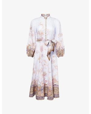 Zimmermann Luna Button Floral-Print Linen Midi Dress - Pink